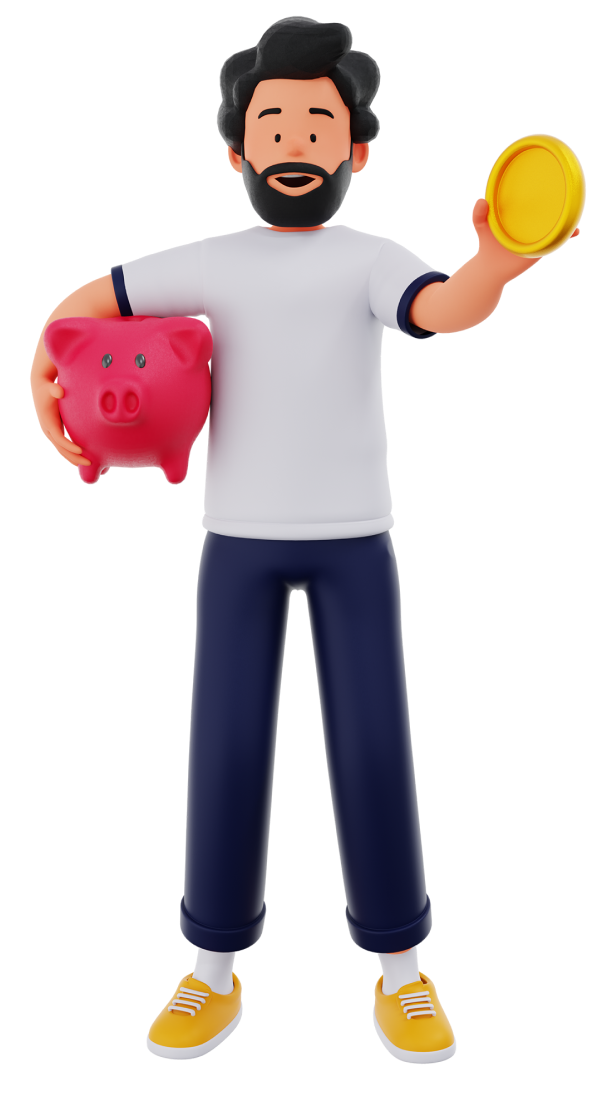 Friendly character holding piggy bank and coin