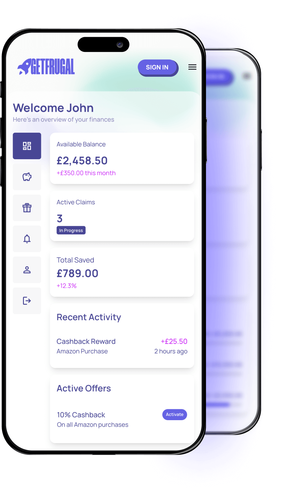 GetFrugal app dashboard showing balance, savings, and offers
